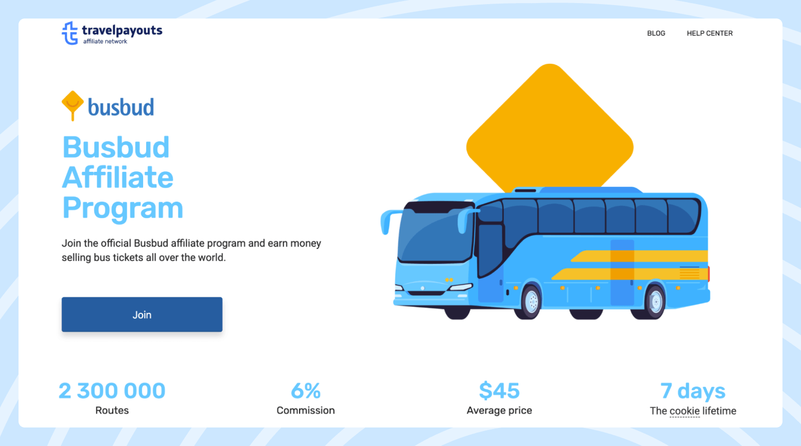 Screenshot of the BusBud affiliate program page featuring a blue bus.