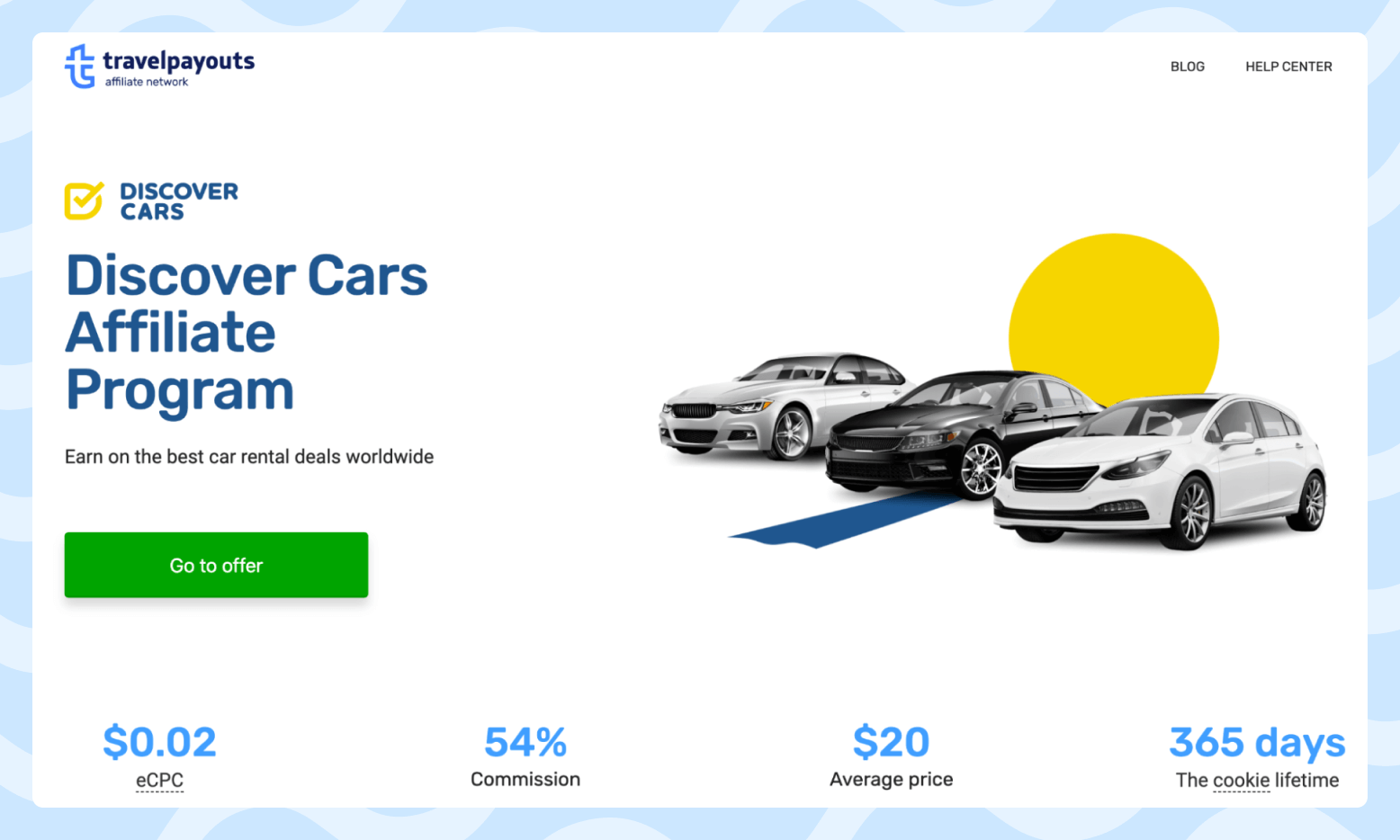 Screenshot of the Discover Cars affiliate program page featuring three rental cars in a parking lot. 