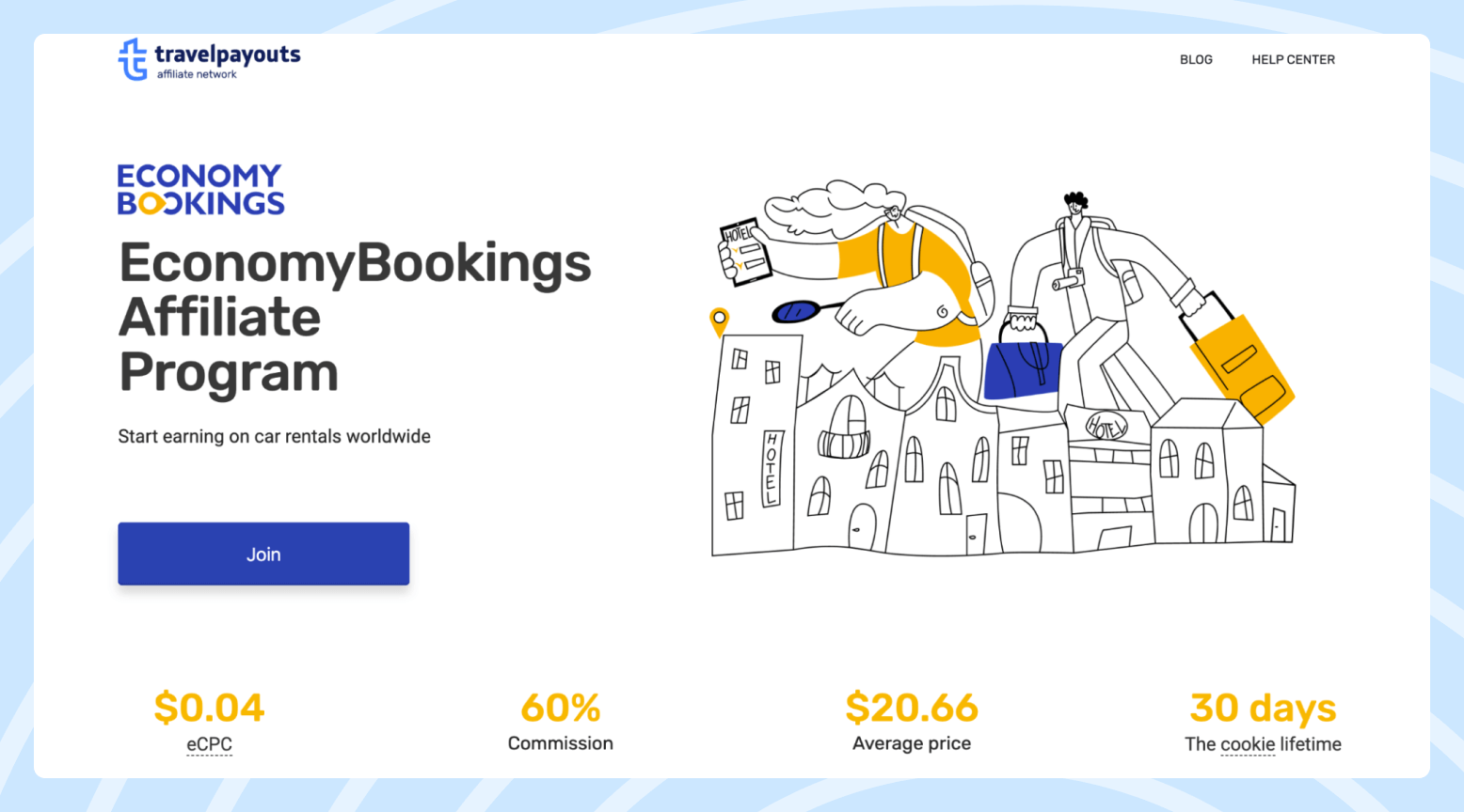 Screenshot of the EconomyBookings affiliate program page featuring two cartoon travelers with luggage on a city break.