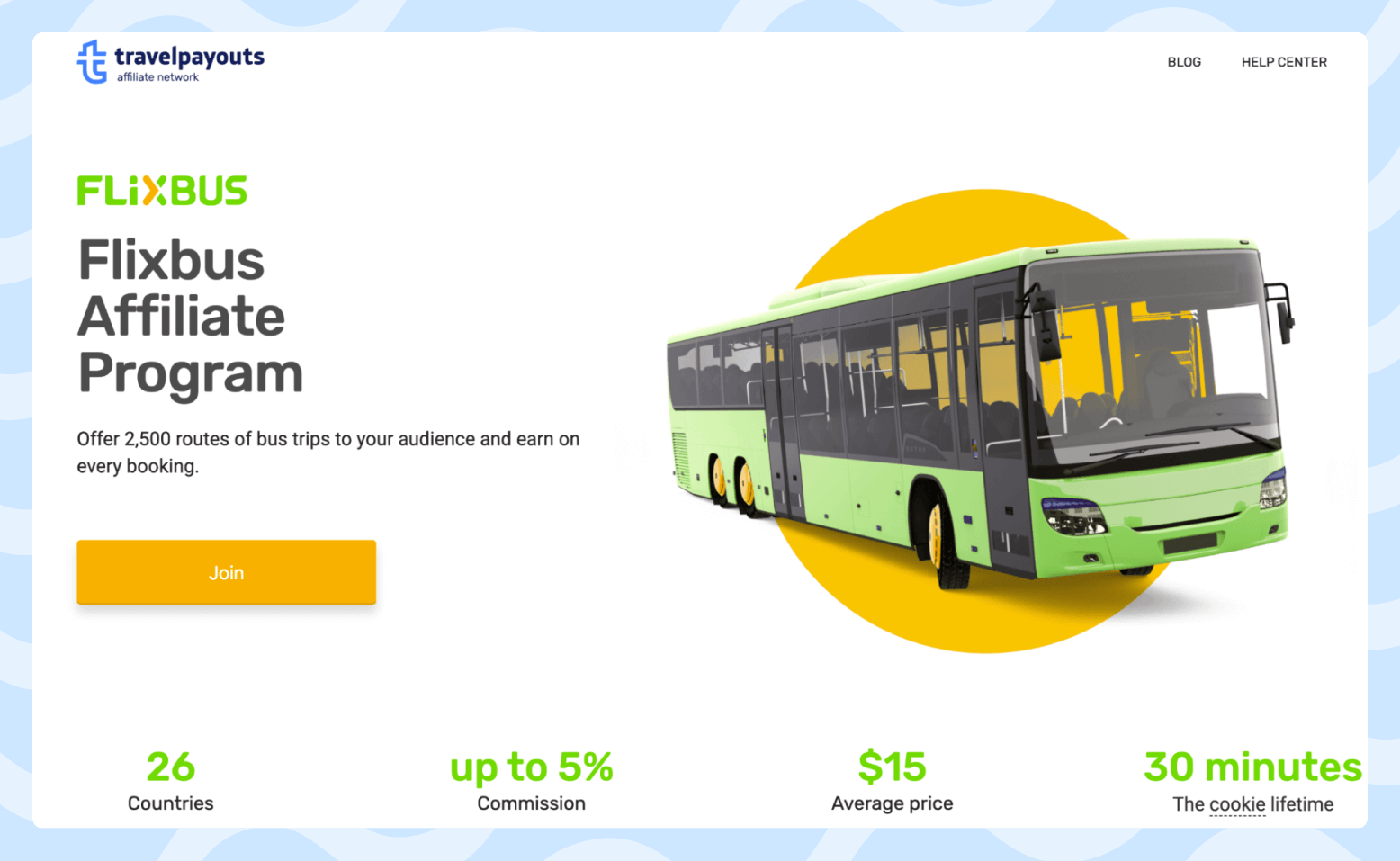 Screenshot of the FlixBus affiliate program page featuring a Flixbus bus. 
