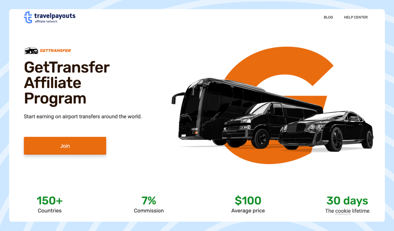 Screenshot of the GetTransfer affiliate program page featuring a bus and two passenger cars all in black. 