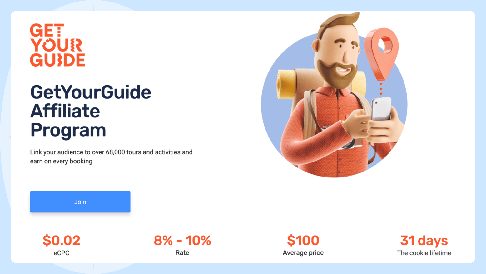 Screenshot of the GetYourGuide affiliate program page featuring a cartoon man holding a smartphone.