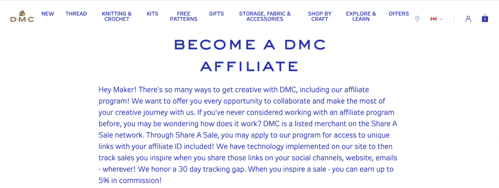 DMC affiliate program page advertising a 5% commision for affiliates and a 30-day tracking gap