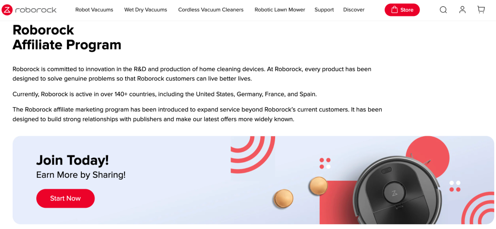 Roborock affiliate program page with the banner text “Join today!” and a CTA button to start now
