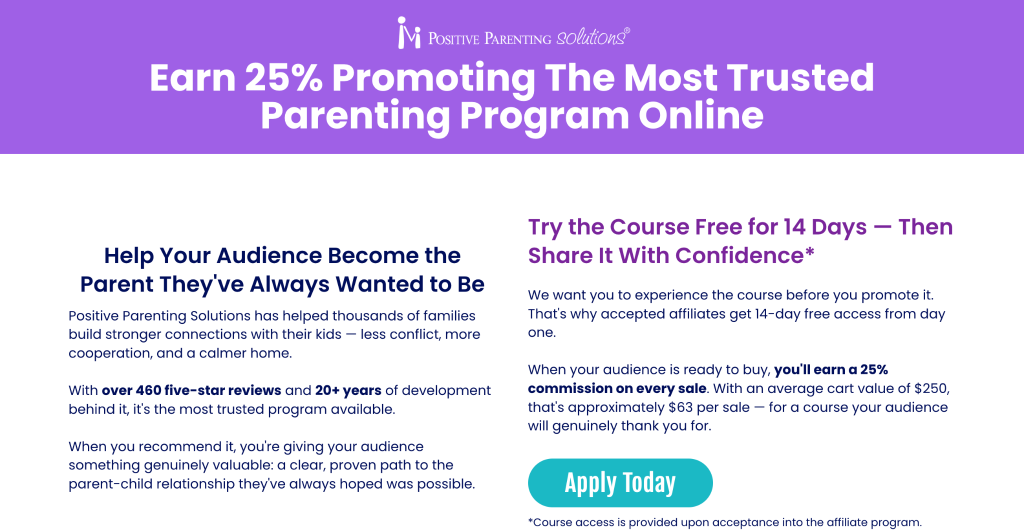 Positive Parenting Solutions affiliate program page advertising a 25% commision for affiliates