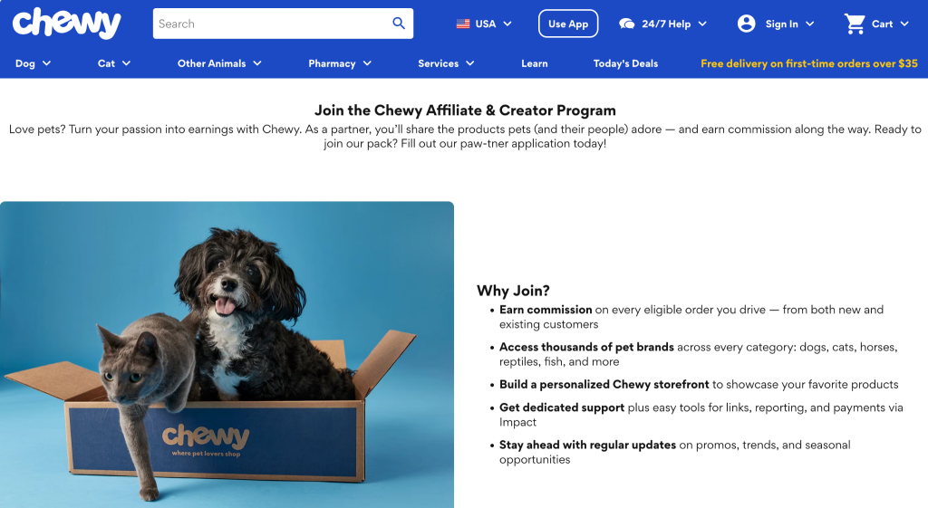 Chewy affiliate program page explaining why creators should join