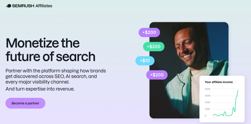 Semrush affiliate program page with the banner text “Monetize the future of search” and a CTA button to become a partner