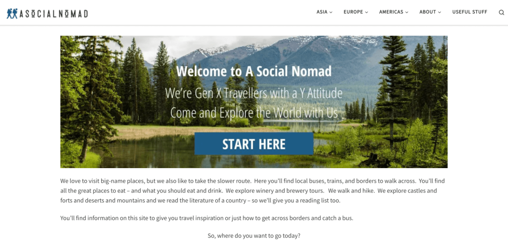 ASocialNomad blog homepage with the banner text “We’re Gen X Travellers with a Y Attitude”