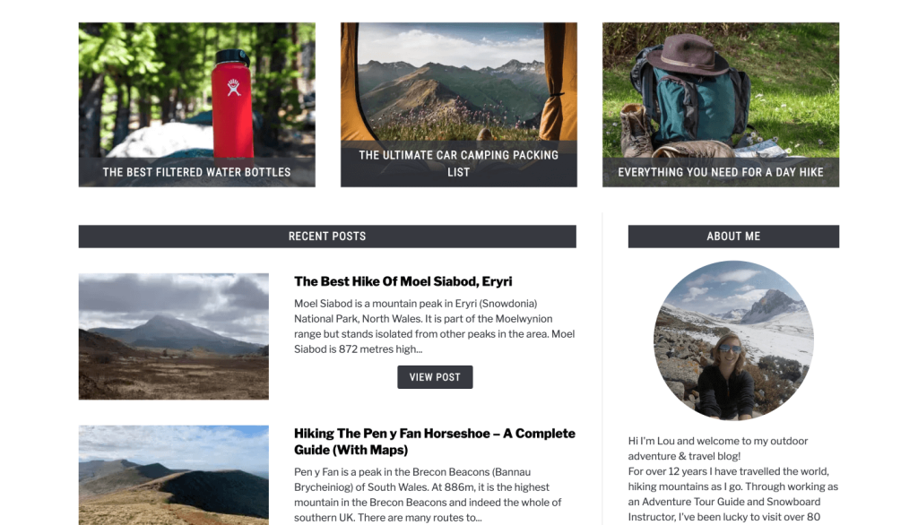 A Wandering Welsh Girl blog homepage with recent posts on hiking and the blogger’s short introduction