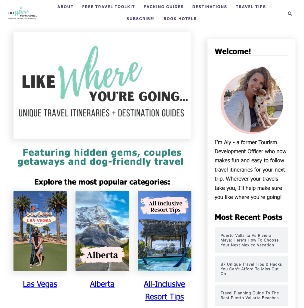 Like Where You’re Going blog homepage with the headline “Unique travel itineraries + destination guides”