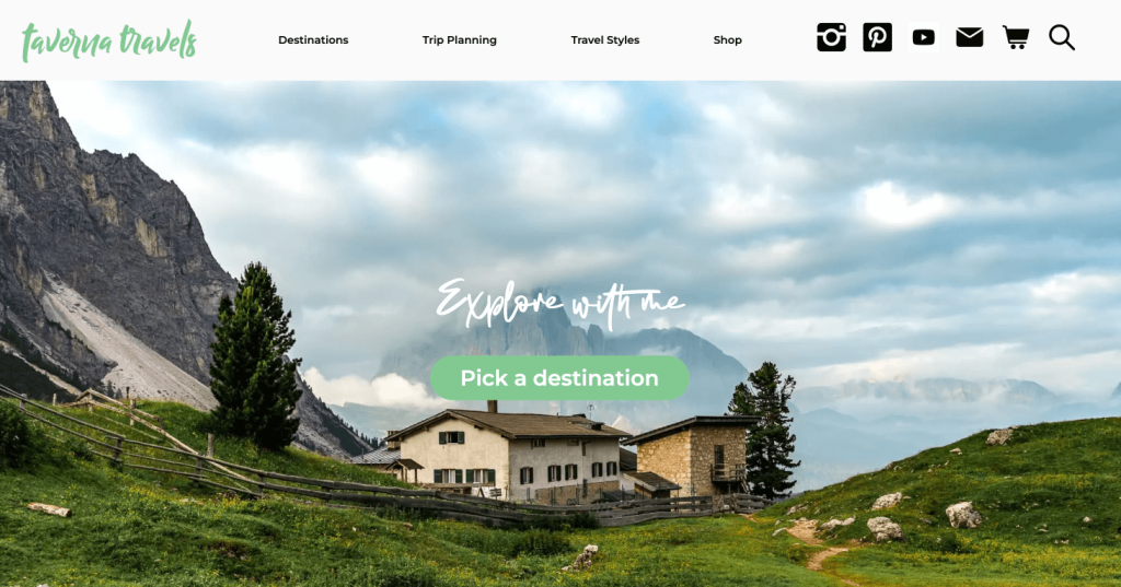 Taverna Travels homepage with the heading “Explore with me” and a “Pick a destination” button underneath