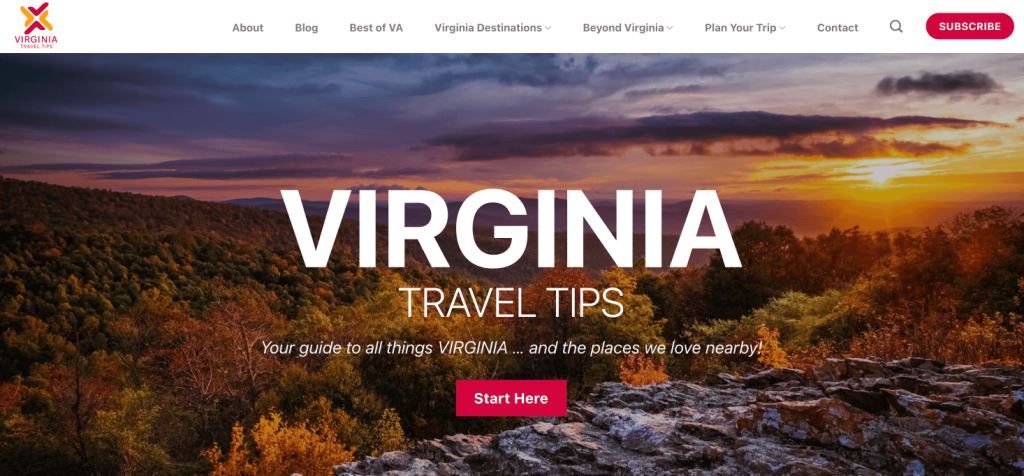 A Virginia Travel Tips blog homepage with the headline “Your guide to all things VIRGINIA … and the places we love nearby!”