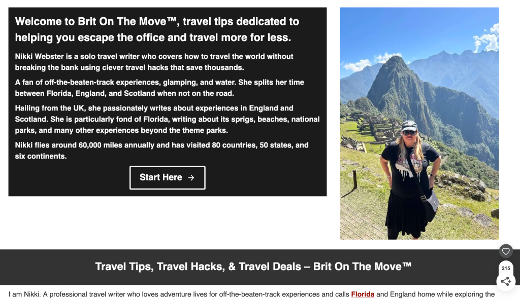 A Brit On The Move blog homepage with an introductory text “Welcome to Brit On The Move™, travel tips dedicated to helping you escape the office and travel more for less.”