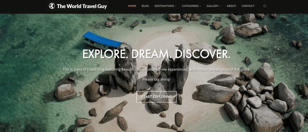 The World Travel Guy homepage with the text “Explore. Dream. Discover.” and a CTA button “Start exploring”