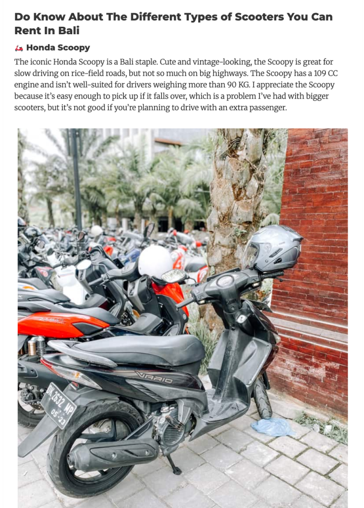 A photo of a Honda Scoopy scooter with a description and pros and cons