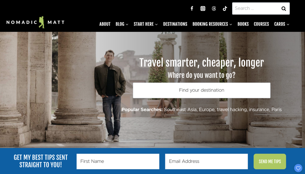 Nomadic Matt homepage with the banner text “Travel smarter, cheaper, longer”