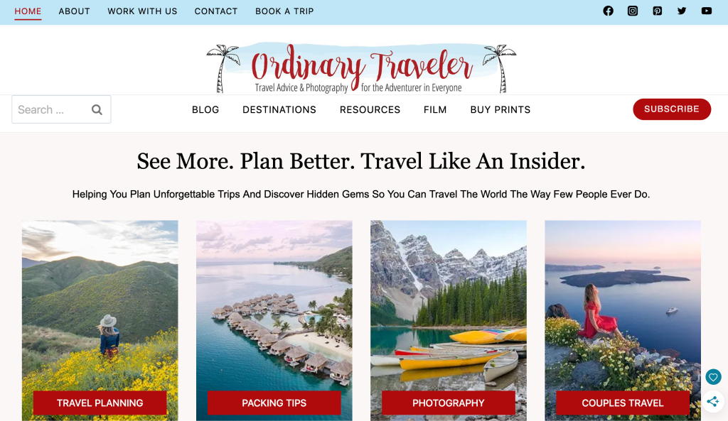 Ordinary Traveler homepage with the headline “See More. Plan Better. Travel Like an Insider.”