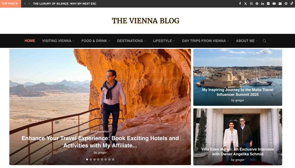 The Vienna Blog homepage with several featured articles on using affiliate links, Malta travel, and an interview with a villa owner