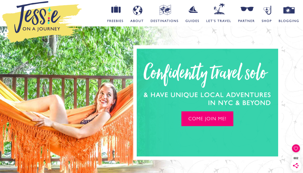 A Jessie on a Journey blog homepage with the banner text “Confidently travel solo”