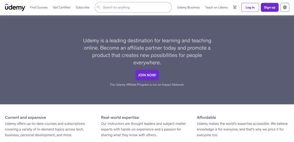 Udemy affiliate marketing page explaining the benefits of the program, with a CTR button to join