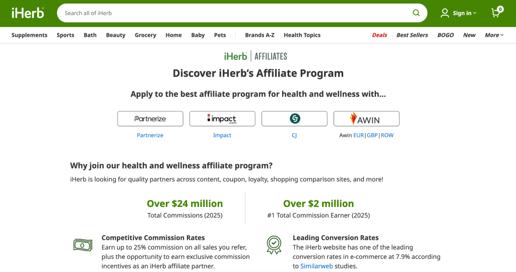 iHerb affiliate program page advertising over $24 million in total commissions