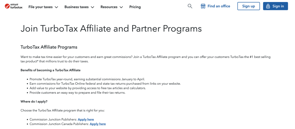 TurboTax affiliate program page providing the general information about the program and its benefits