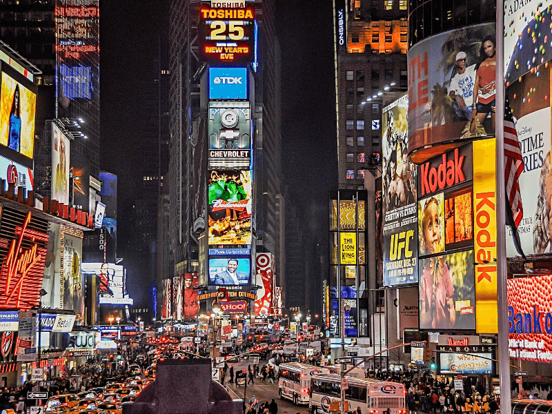 New York City Advertisements pale compared to how many we see on our phones. This image displays the bright lights of New York City’s Times Square with its many classic billboard advertisements.