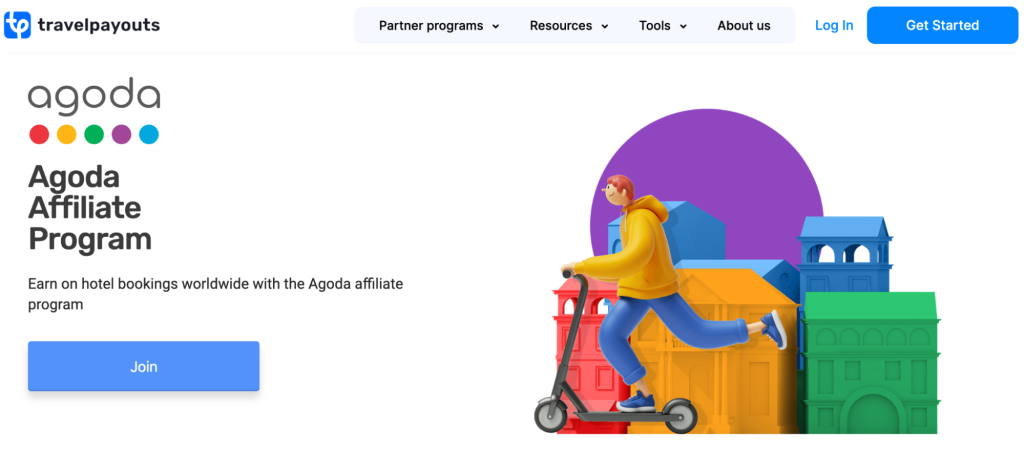 Agoda affiliate program landing page with a CTA button to join