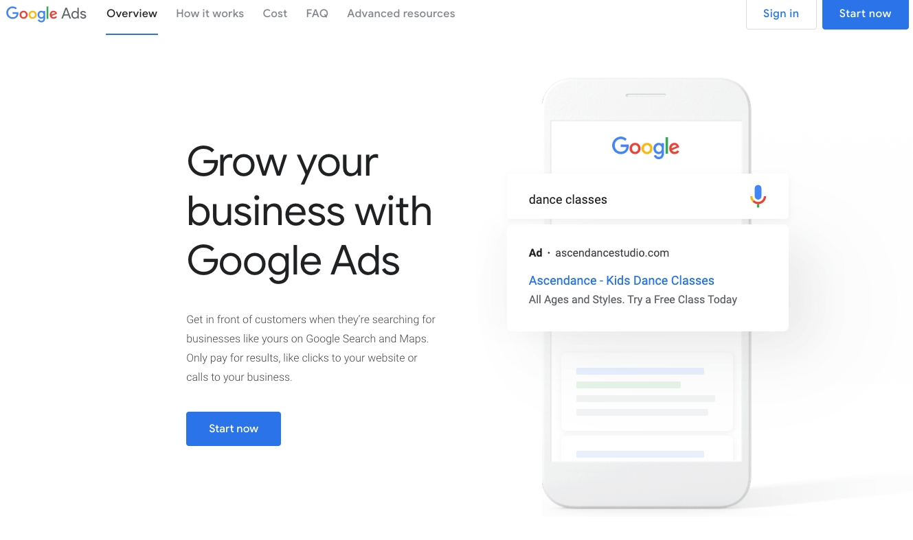 This image displays the homepage of Google Ads. The website says, “Grow your business with Google Ads,” before listing an actionable button to start now. 