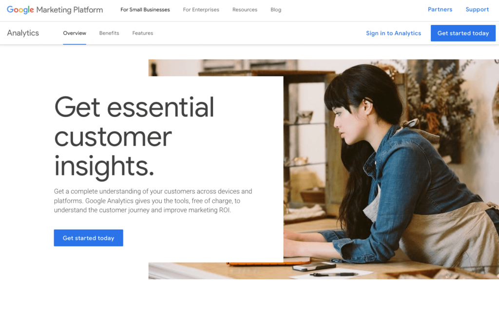 This image displays the front page for Google Analytics through the Google Marketing Platform. The text says, “Get essential customer insights,” demonstrating how Google Analytics is optimized to discover more about your audience.