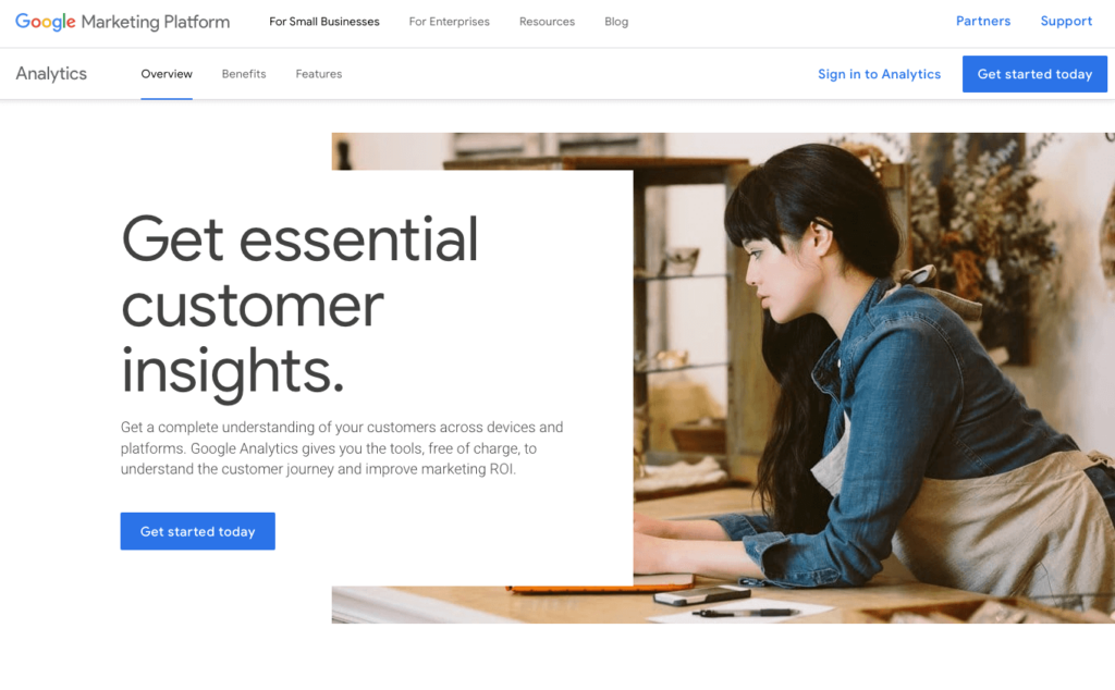 Google Analytics is an essential tool for understanding your audience. This image displays the front page for Google Analytics through the Google Marketing Platform. The text says, “Get essential customer insights,” demonstrating how Google Analytics is optimized to discover more about your audience.