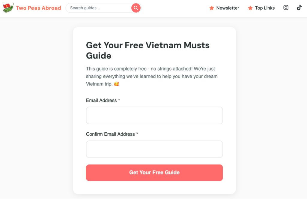 An email subscription form on the Two Peas Abroad website offering a Vietnam guide for subscription