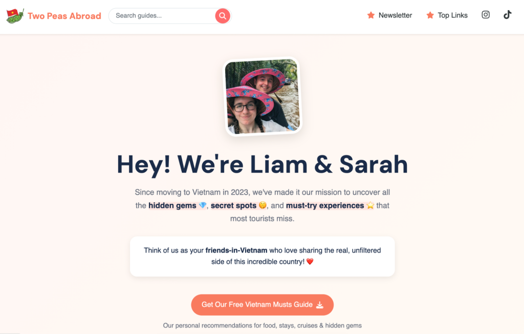 Two Peas Abroad website homepage with a CTA button to get a free Vietnam Musts guide