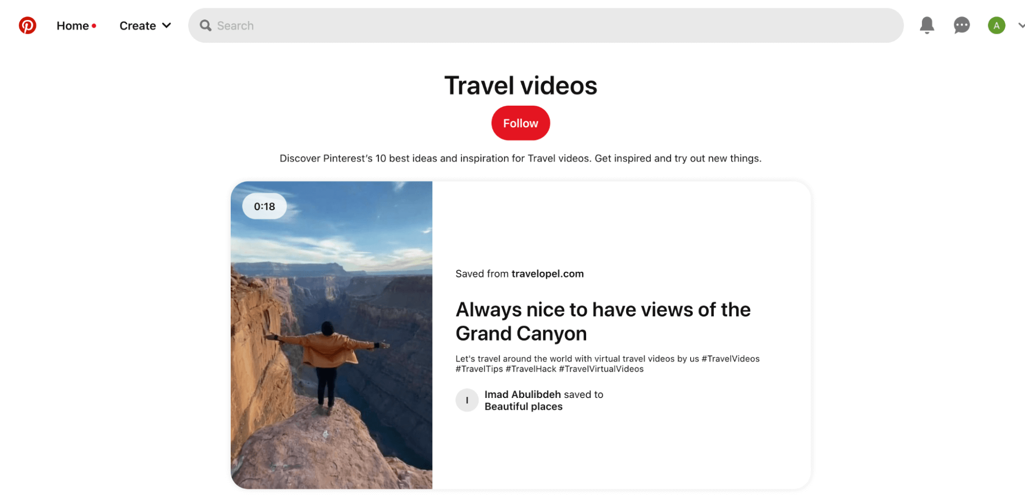 A screenshot of the Travel videos section on Pinterest