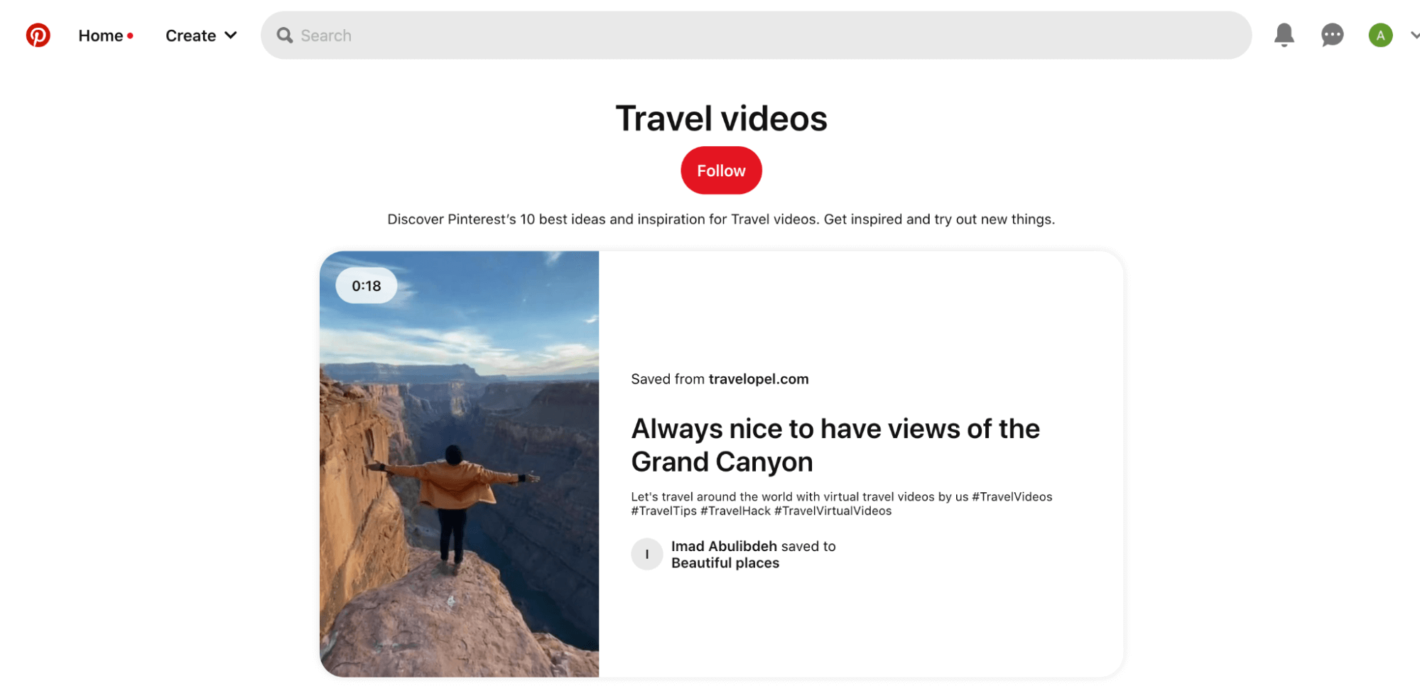 Travel videos section on Pinterest screenshot A screenshot of the Travel videos section on Pinterest