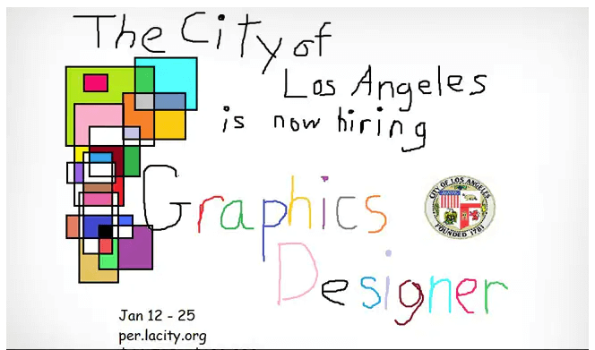 The image displays a creative ad for a job posting for a graphic designer. The image cleverly shows a poorly designed graphic which demonstrates the necessity of the job posting.