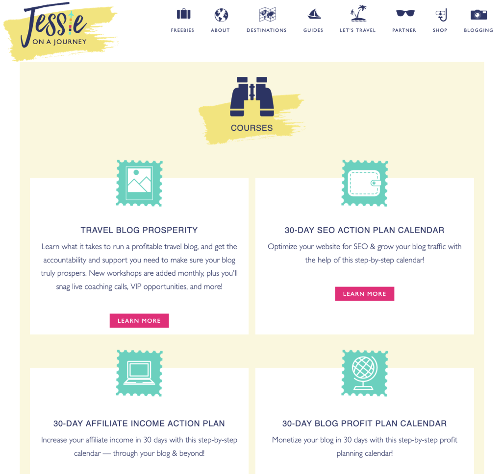 Jessie on a Journey blog page showing four courses on running a profitable travel blog, optimizing your website for SEO, getting affiliate income, and making a blog profitable