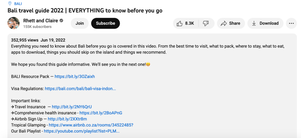 Video description with affiliate links A screenshot of the description section to the video on YouTube, featuring affiliate links to travel products