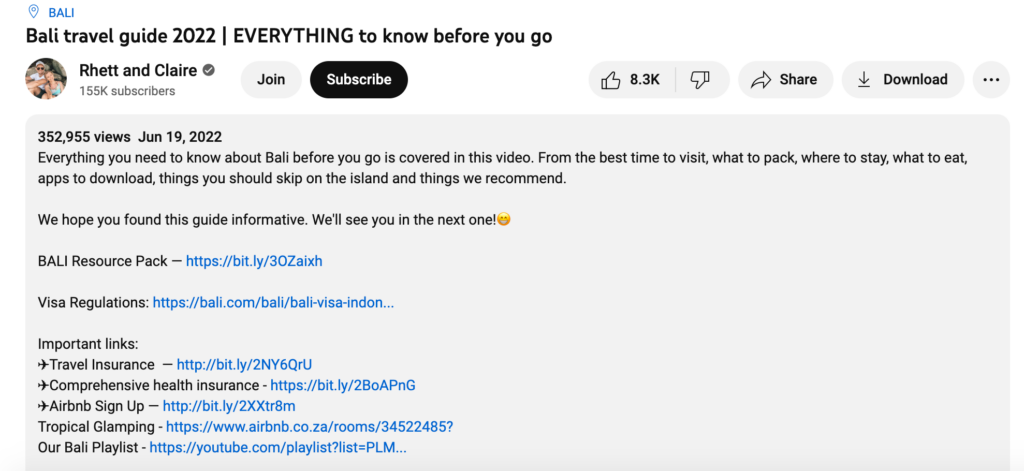 A screenshot of the description section to the video on YouTube, featuring affiliate links to travel products