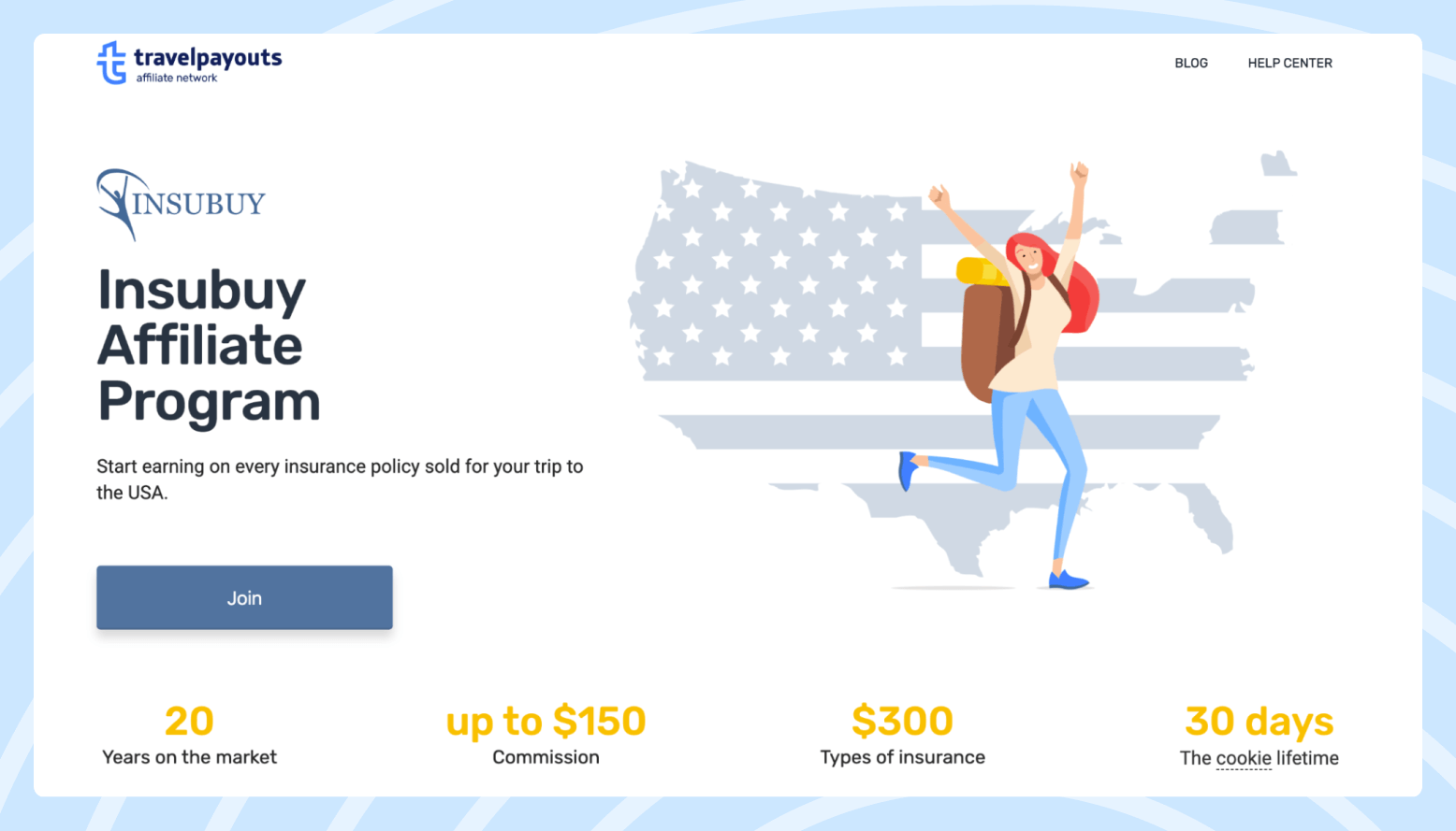 Screenshot of the Insubuy affiliate program page featuring a cartoon female traveler wearing a backpack over a background with a map of the USA.