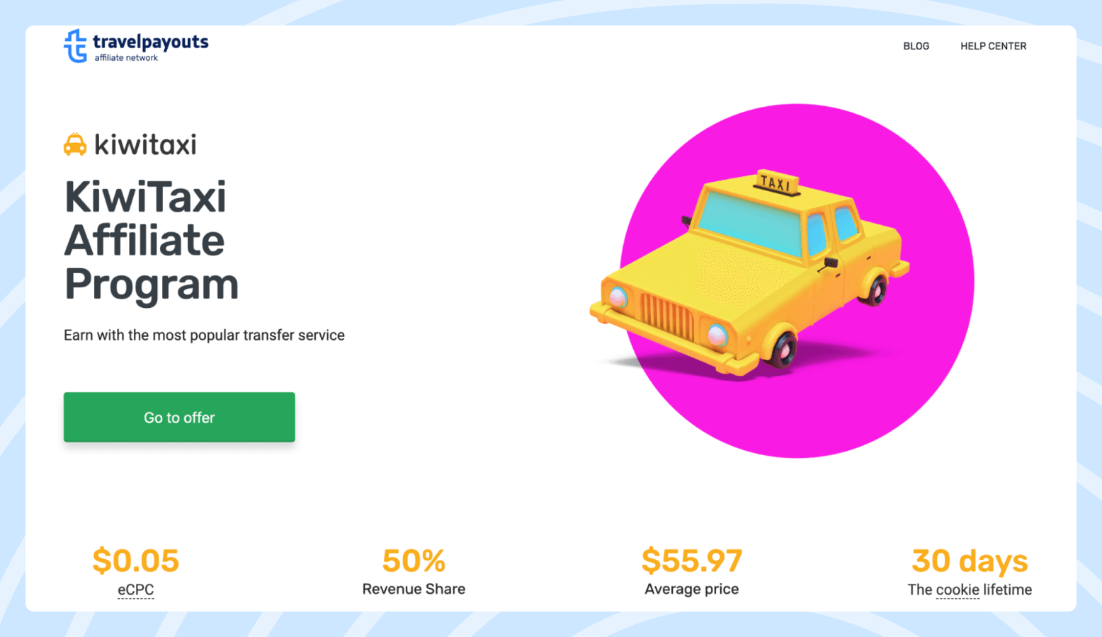 Screenshot of the KiwiTaxi affiliate program page featuring a yellow taxi car on its way