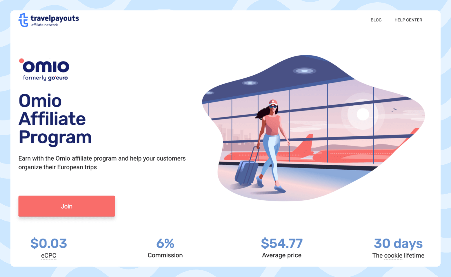 Screenshot of the Omio affiliate program page featuring a cartoon female traveler walking in the airport.