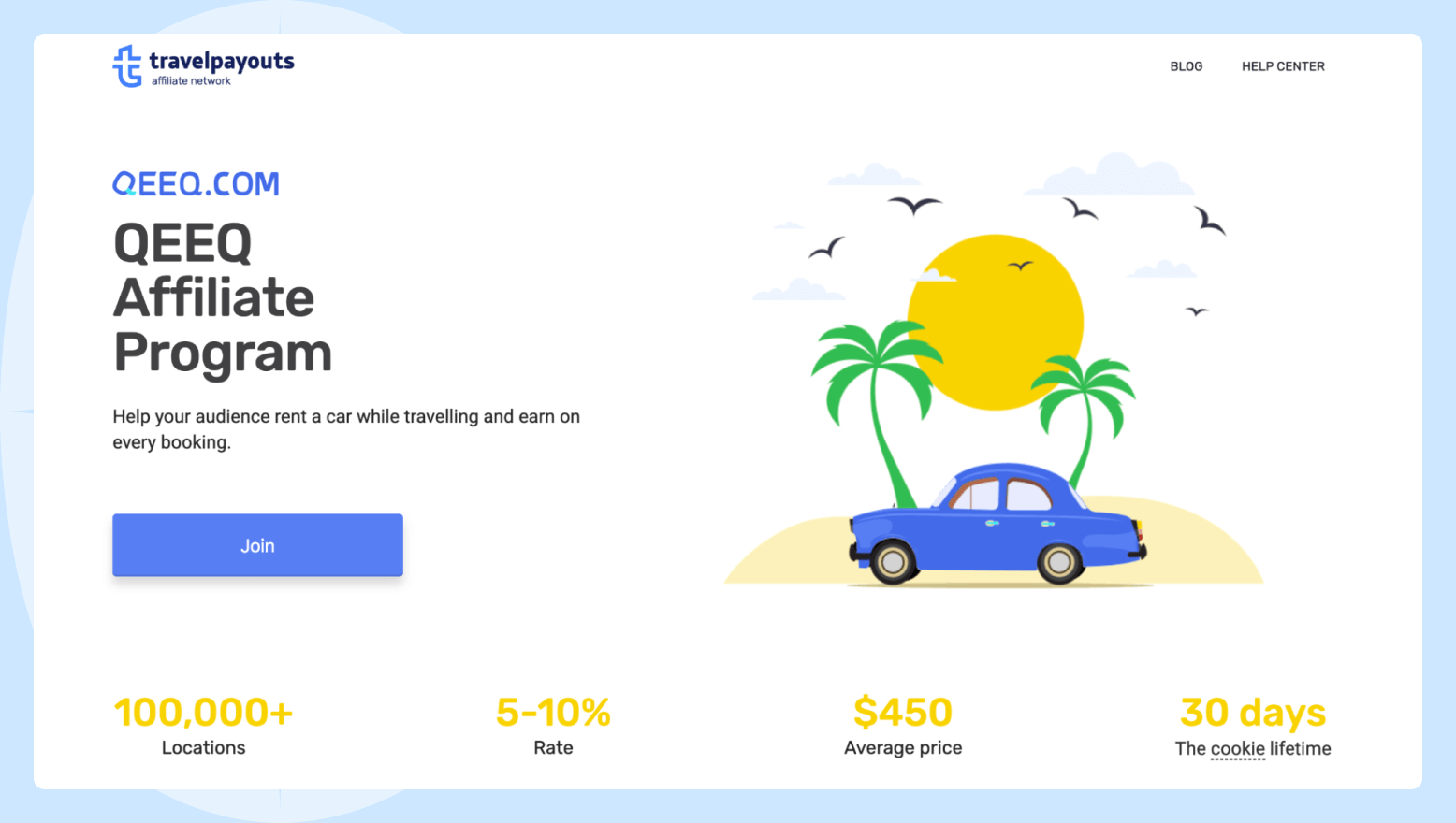 Screenshot of the QEEQ affiliate program page featuring a car on an island with palm trees and the sun shining in the sky.