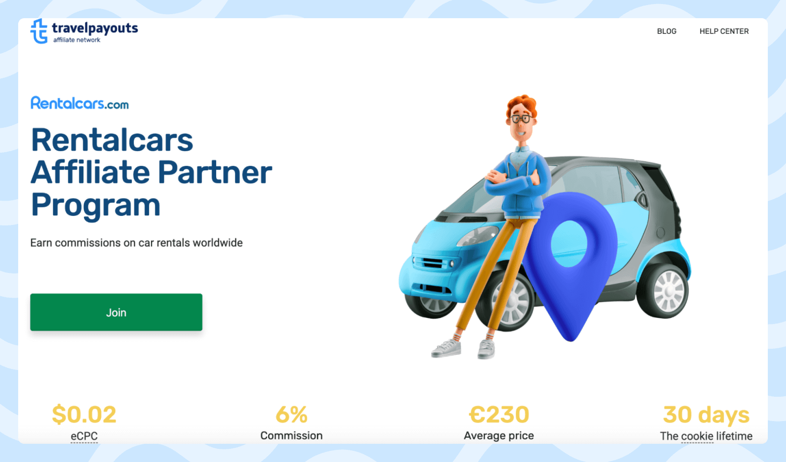 A screenshot of the Rentalcars affiliate program page featuring a cartoon driver standing next to a car