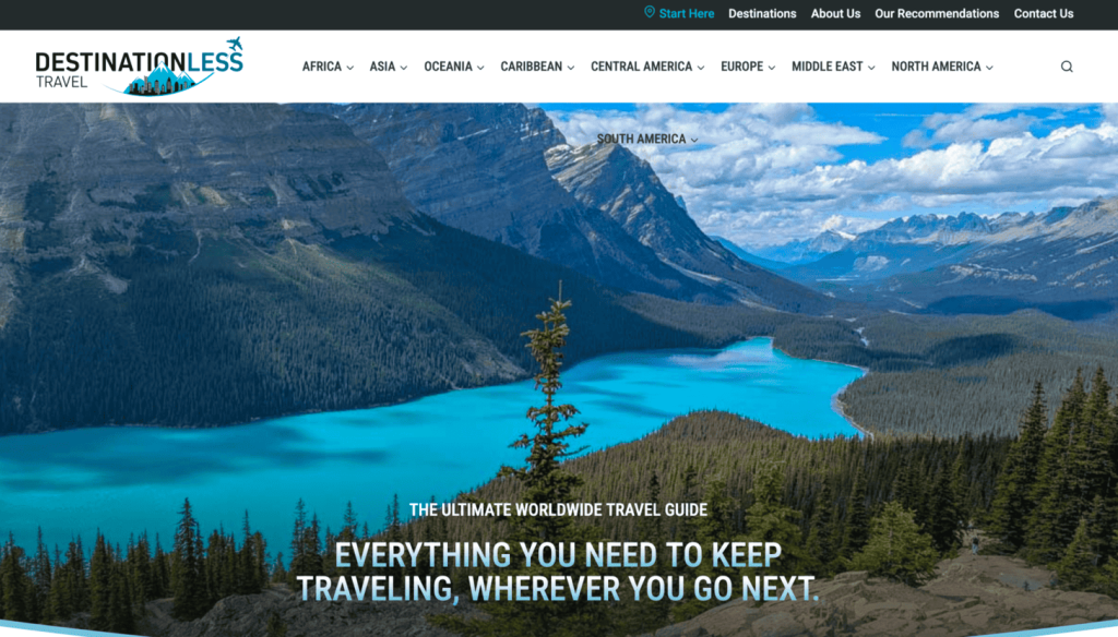 Destinationless Travel homepage with the banner text “The ultimate worldwide travel guide”