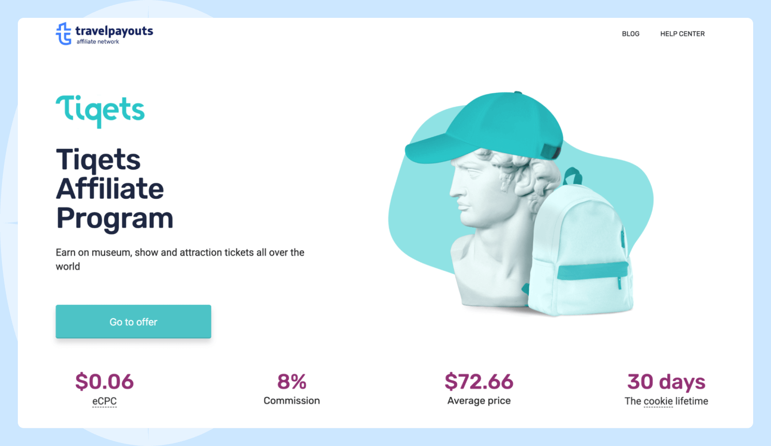Screenshot of the Tiqets affiliate program page featuring a sculpture wearing a cap next to a backpack. 