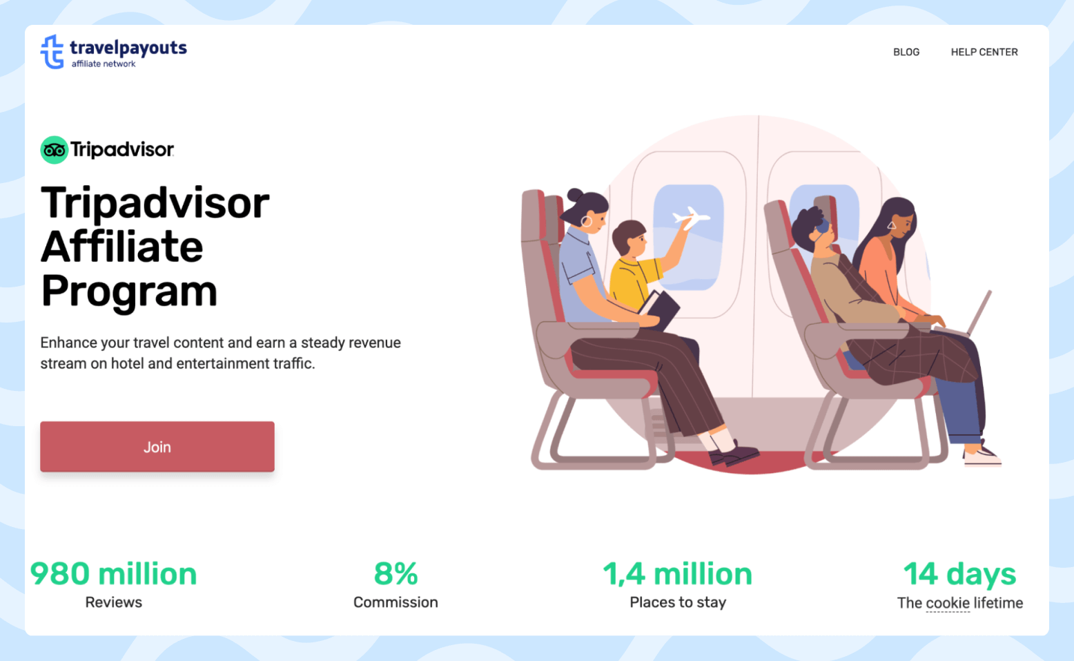 Screenshot of the TripAdvisor affiliate program page featuring cartoon passengers flying on a plane.