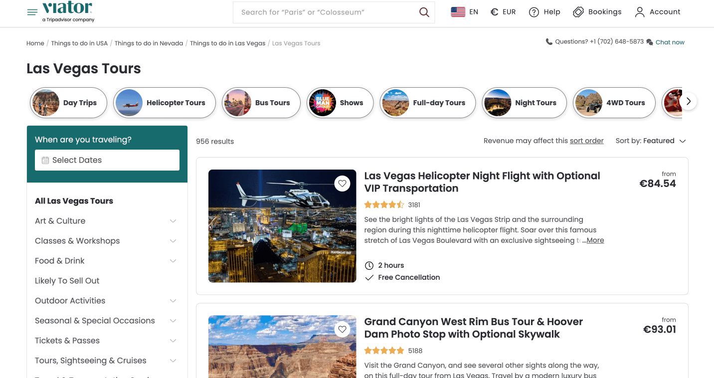 Screenshot of Viator's catalog page with tours and activities in Las Vegas.