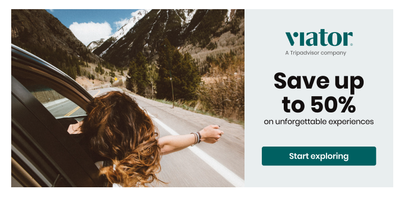 An example of an effective banner with concise and actionable language with Viator on Travelpayouts This image displays a picture of a woman hanging outside a car window on a mountain road. The advertisement states people can save up to 50% on unforgettable experiences with a button to start exploring.