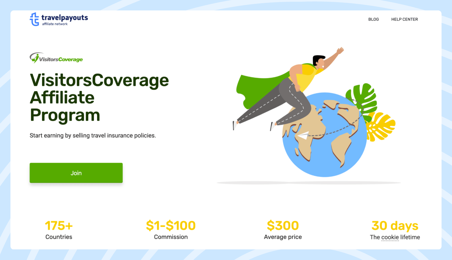 Screenshot of the VisitorsCoverage affiliate program page featuring a cartoon man flying around the Earth.